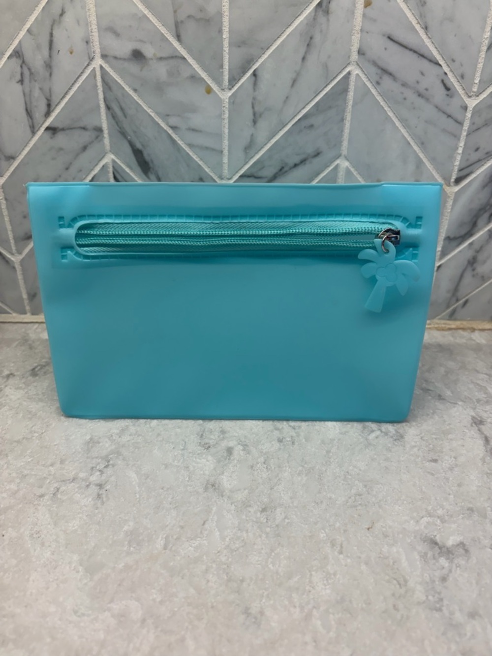 New/Bliss Aqua Silicone Small Cosmetic Zip Pouch with Palm Charm